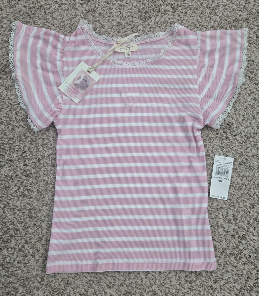 JESSICA SIMPSON Girls Pink Striped Ribbed Flutter Sleeve Lace Trim Top L/12 NWT